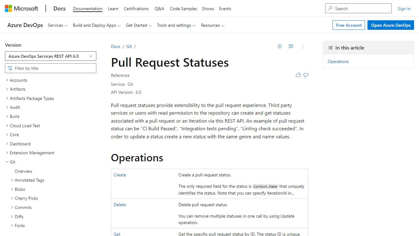 Pull Request Statuses - REST API (Azure DevOps Git)